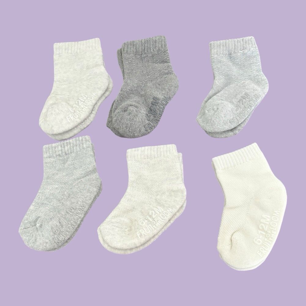 Fruit of the Loom Baby Socks 6-12 Months – 6 Pairs Neutral, Gray & White